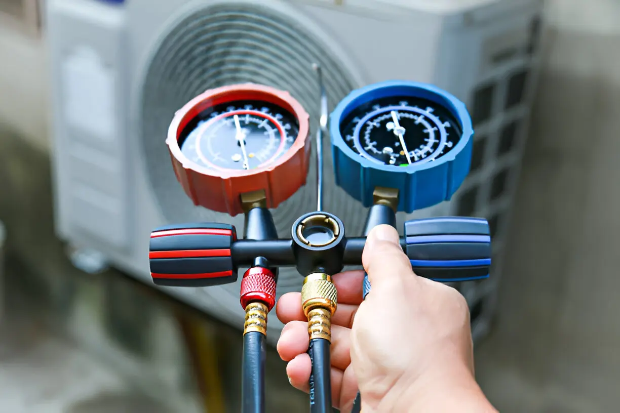 Emergency AC repair technician fixing a broken cooling system at night in Orlando